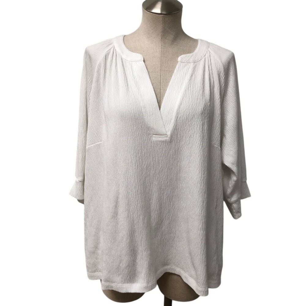 NIC+ZOE Blouse Womens 1X Plus White Textured Split V-Neck 3/4 Sleeve Coastal